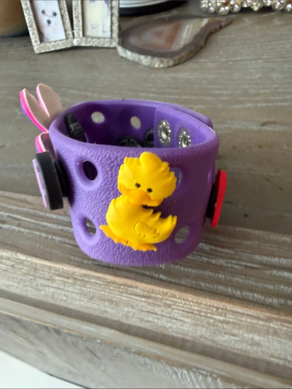Jibbitz Purple Shoe Charm with Pink Flower and Yellow Accent